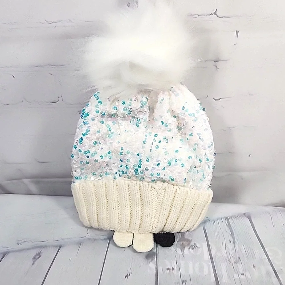 Justice Girls White/CRM Sequin Ribbed Beanie w/faux fur & Gloves 2-Piece Set NWT